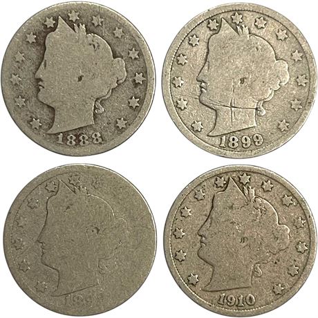 1888, 1899 & 1910 Liberty Head "V" Nickel Coins