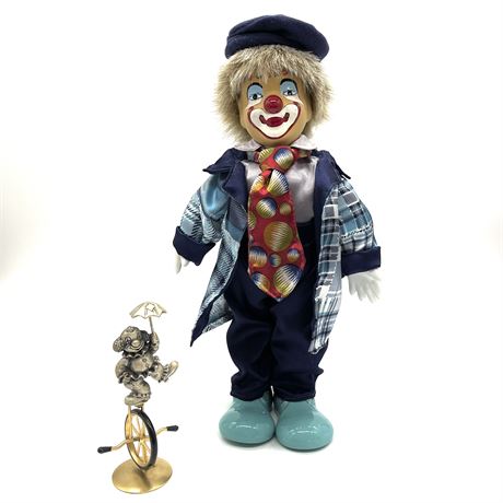 Vintage Porcelain 12" Clown with Pewter Clown on Unicycle