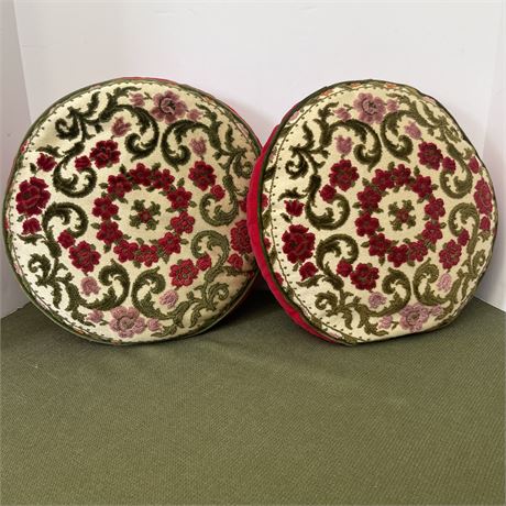 Pair of Vtg Round Embroidered Velvet Pillows