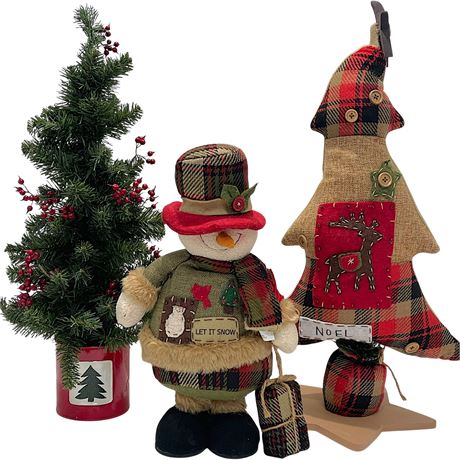 Handmade Fabric Tree & Snowman Free-Standing Plushes w/ Metal Potted Tree