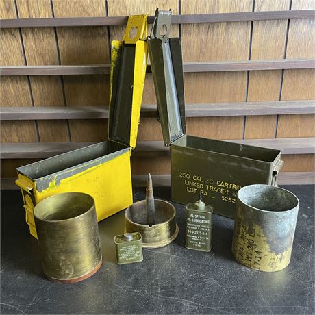 Vintage Ammo Cartridge Boxes with Artillery Shells and Lubricating Oil