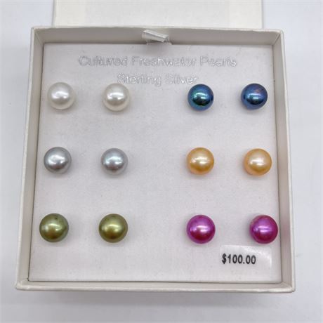 Set of 6 Freshwater Pearl Stud Earrings with Sterling Silver Post