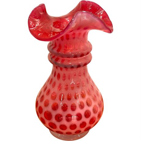 Fenton Cranberry Opalescent Coin Dot Ruffled Vase