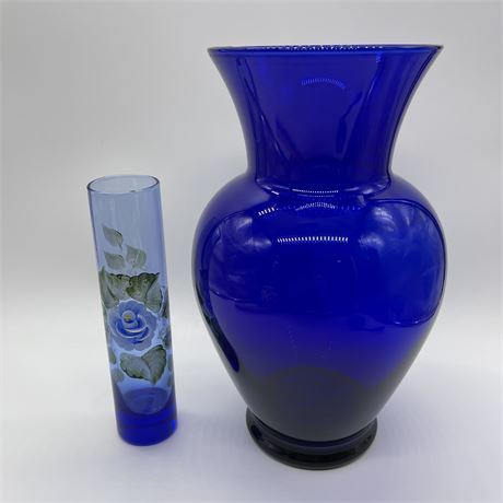 Cobalt Blue Large Vase with Coordinated Painted Bud Vase
