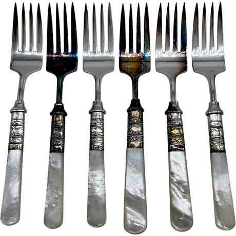 (6) Antique 925 Sterling Silver Mother of Pearl Forks