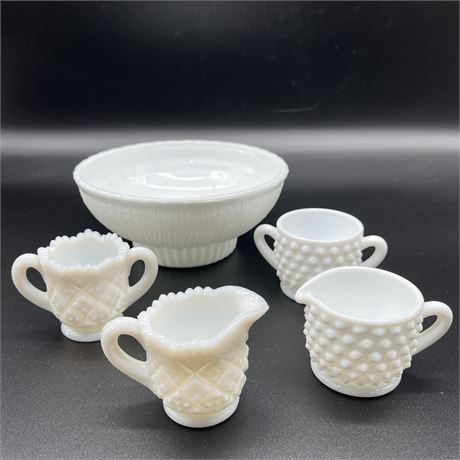 Milk Glass Creamer and Sugar Dishes w/ Serving Bowl