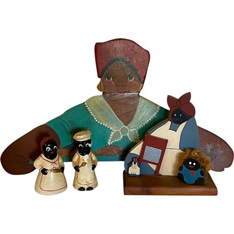 Vtg Black Americana Figurines and Hand-Painted Wood Wall Hanging