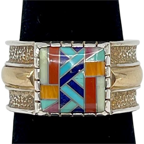 14K Gold & 925 Sterling Silver RMT Inlaid Natural Stones Ring