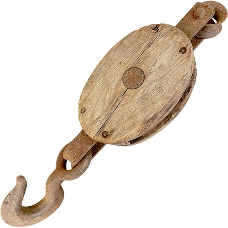 Antique Cast Iron and Wood Pulley with Hook