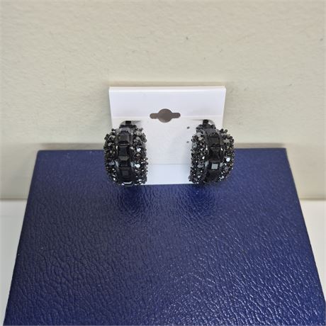 Vtg St. John Elegant Blk Rhinestone Earrings - Vintage Glam Statement Jewelry