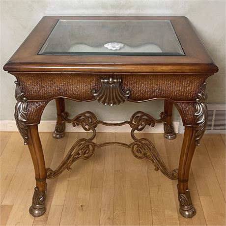 Ornate Wood & Brass End Table with Beveled Glass Top