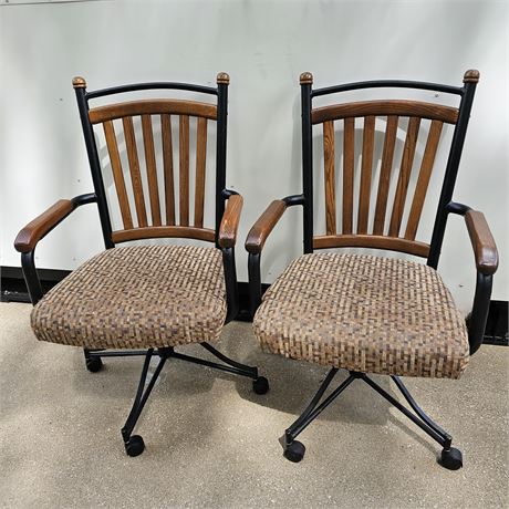 Pair of Wood & Metal Upholstered Rolling Swivel Chairs Lot 2 of 2