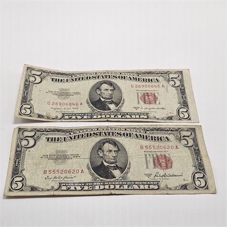 (2) 1953 Red Seal $5 Dollar Bills