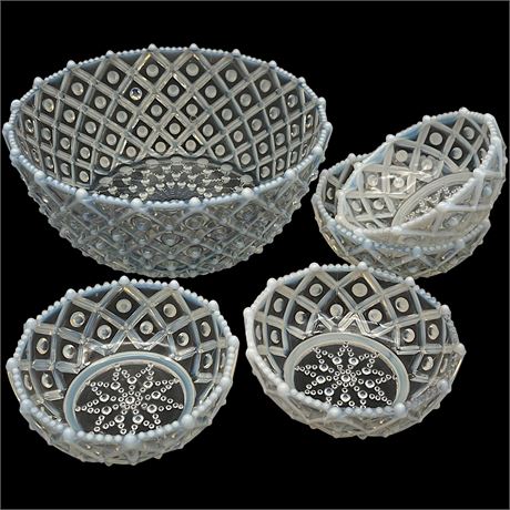 Antique Aetna Opalescent Hobnail Glass Bowl Set