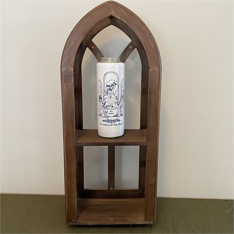 Wood Cathedral Arch Wall Shelf & Devotional Candle