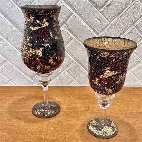 Pair of Large Mosaic Glass Pedestal Candle Holders
