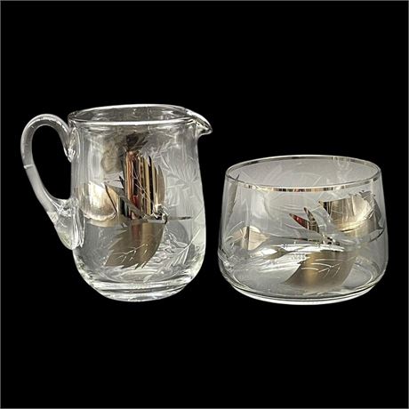 Vtg. Bohemia Crystal Etched / Silver Leaf Cream and Sugar Set