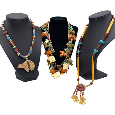 Vtg Stone & Wood Carved Necklaces