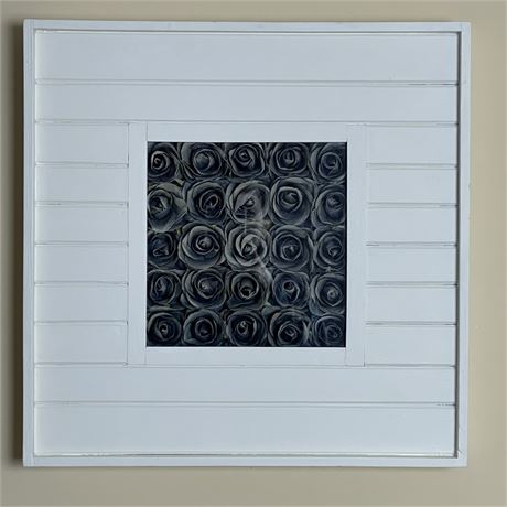 Mulberry Paper Blue Roses Encased in White Shadow Box Wall Hanging