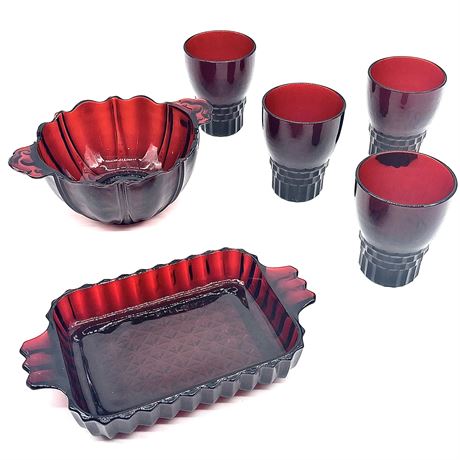 Vtg Anchor Hocking Royal Ruby Set of 4 Juice Glasses, Bon Bon Bowl, Relish Dish