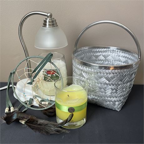 Home Decor Lot with Candle Warmer, Candles, Woven Basket, & Dream Catcher