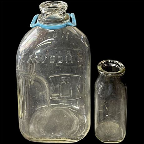 Vtg Lawson's Half Gallon Glass Milk Jug & One Pint Glass Milk Bottle
