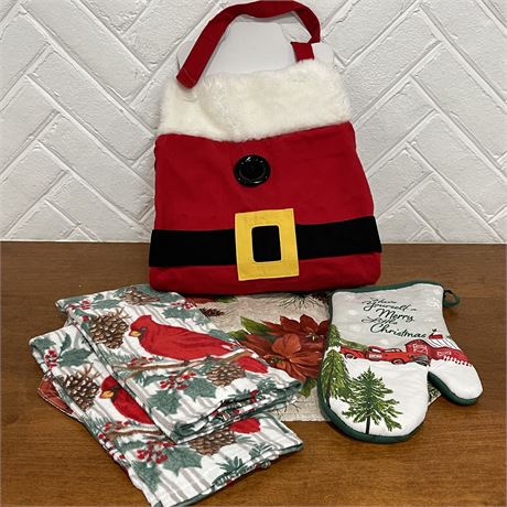 Holiday Kitchen Linens w/ Apron, Oven Mitt, Hand Towels and Place Mat