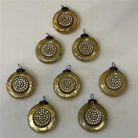 Vtg Gold Toned Glass Ornaments with Rhinestone Accents