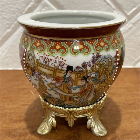 Hand Painted Oriental Porcelain Jardiniere Fishbowl Planter on Stand