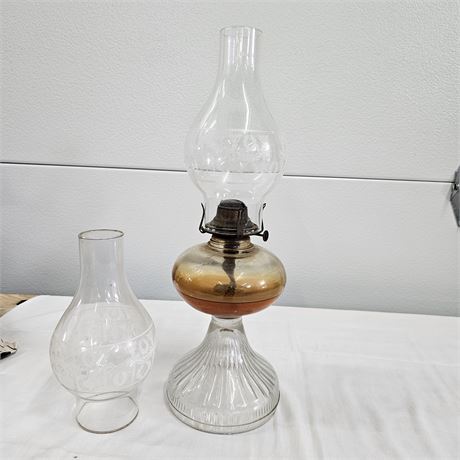 Antique Clear Glass Oil Lamp w/ (2) Etched Glass Chimney