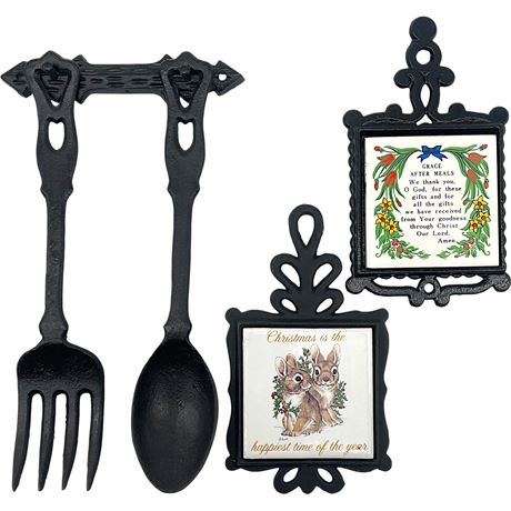 Large Cast Iron Hanging Utensils & (2) Cast Iron & Ceramic Tile Trivets