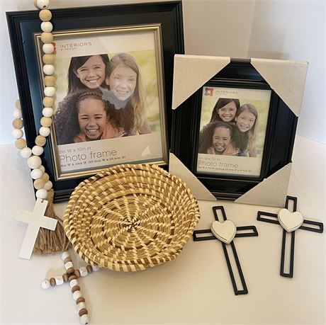 Black & Beiges Decorative Lot w/ Crosses, Picture Frames & Basket