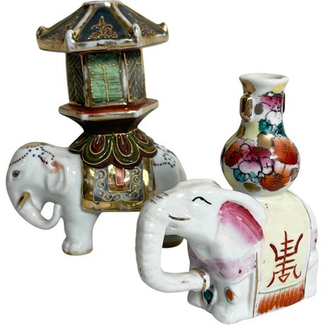Vtg Oriental Porcelain Elephant Hand Painted Joss Stick Holders
