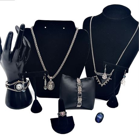 Silver-Toned Jewelry w/ Black Stones Grouping