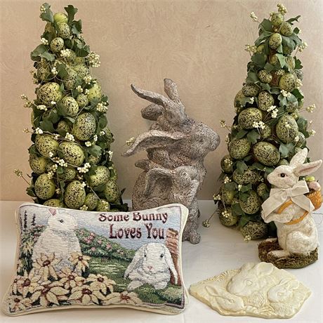 Easter Decor with Stacked Bunny Statue, Pair of Egg Trees and More