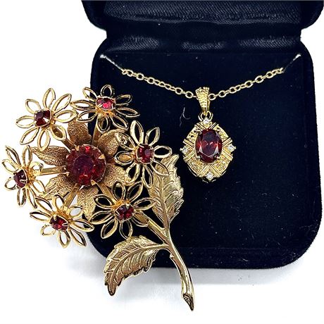 Vintage Red Rhinestone Brooch with Gold Tone Red Rhinestone Necklace