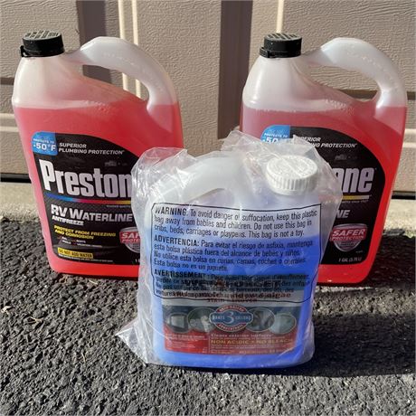 Two 1gal Prestone RV Waterline Antifreeze w/ .5gal Wet&Forget Ext Stain Remover
