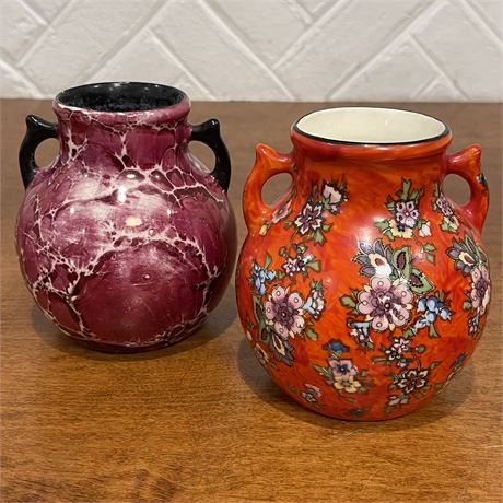 Czechoslovakian "Coronet" Handled Hand-Painted Vases