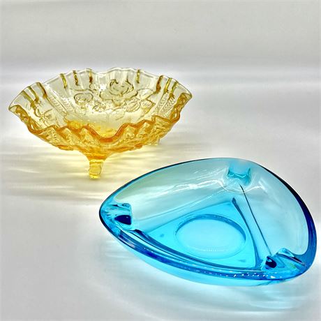 Vtg Imperial Glass Marigold Footed Dish with Hazel-Atlas Capri Glass Ashtray