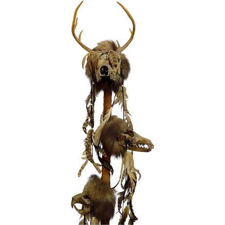 Native American Shaman Staff w/ Animal Skulls, Fur, & Feathers