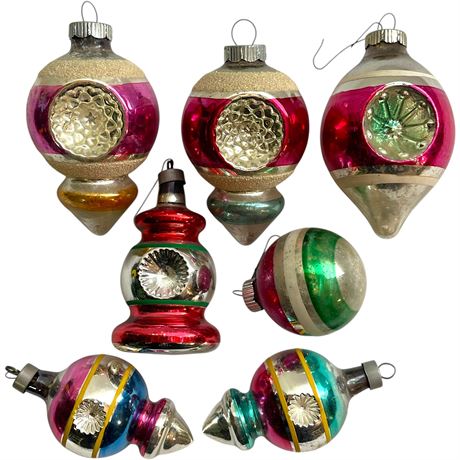 (7) Vtg Glass Striped Indent & Bulb Ornaments