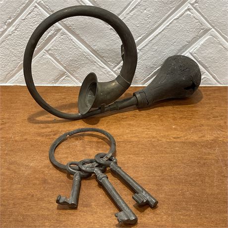 Antique Brass Car / Buggy Horn with Old Large Skeleton Keys on Ring