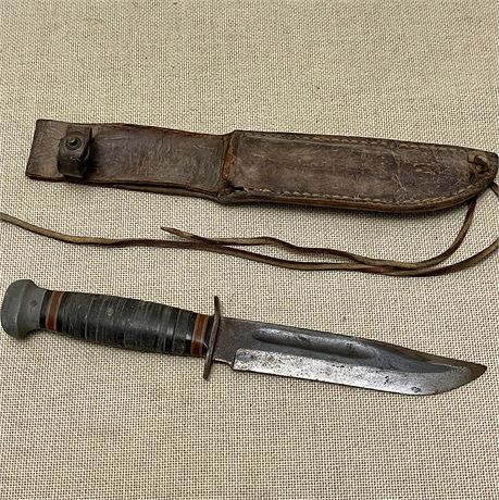 WWII U.S. RH Pal Combat Bowie Knife with Leather Scabbard