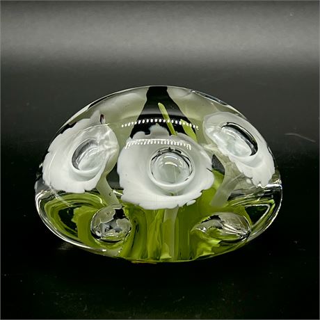 Vtg White Trumpet Flower Art Glass Paperweight