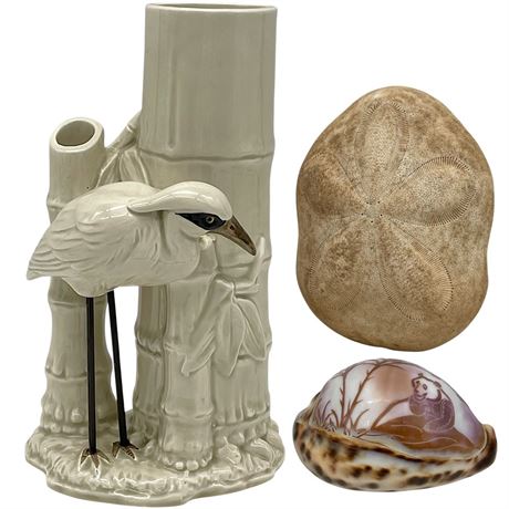 Fitz and Floyd Heron Double Vase, Clypeaster Humilis & Carved Cowrie Seashell