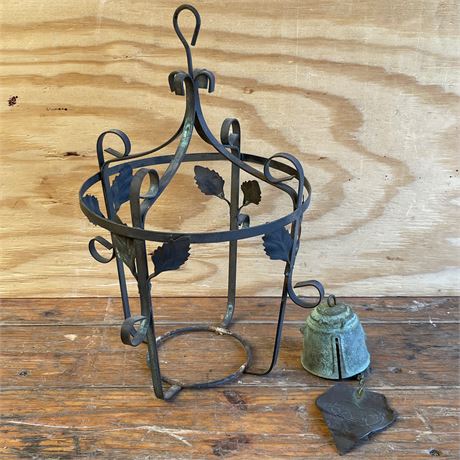 Wrought Iron Hanging Caged Plant Holder & Vtg Bronze Wind Bell