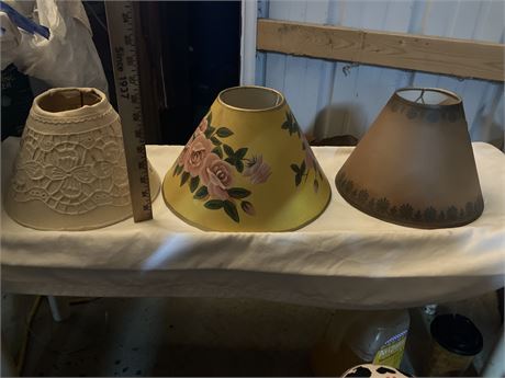 Lampshades 3 (one white/knit, one yellow/floral, one brown/black pattern on trim