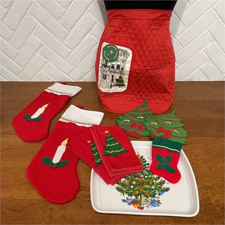 Vtg Christmas Linens, Serving Tray & Apron