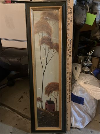WARREN KIMBLE Americana Folk Art FARMHOUSE TREES Framed Picture 29.5" x 8.25"