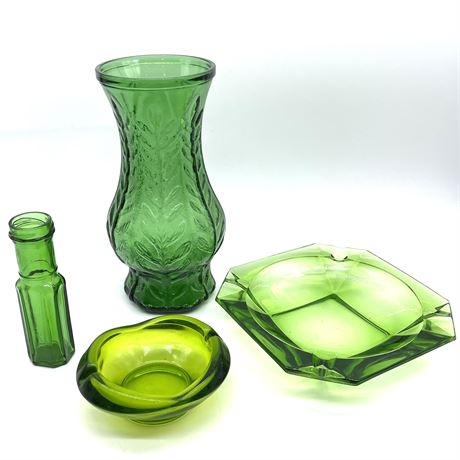 Vtg Green Toned Glass - Embossed Vase, Ashtrays, & Emerald Bottle